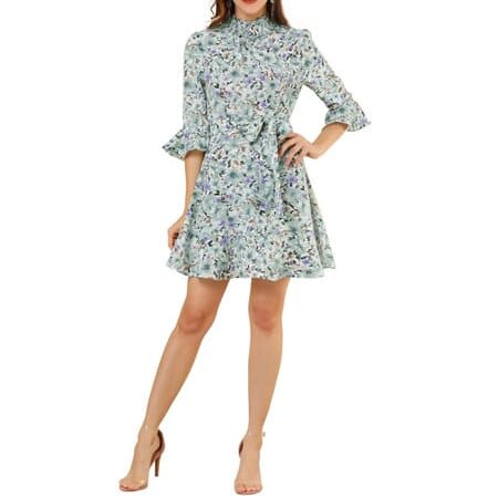 Allegra K Junior's Floral Bell Sleeve Smocked Neck Belted Flare Dress Allegra K Junior's Floral Bell Sleeve Smocked Neck Belted Flare Dress