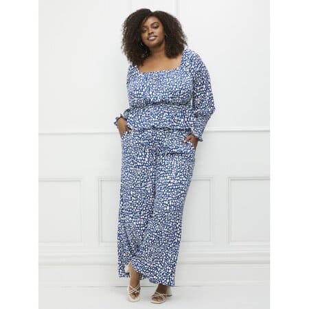 ELOQUII Elements Women's Plus Size Peplum Hem Dot Print Top with Puff Sleeves ELOQUII Elements Women's Plus Size Peplum Hem Dot Print Top with Puff Sleeves