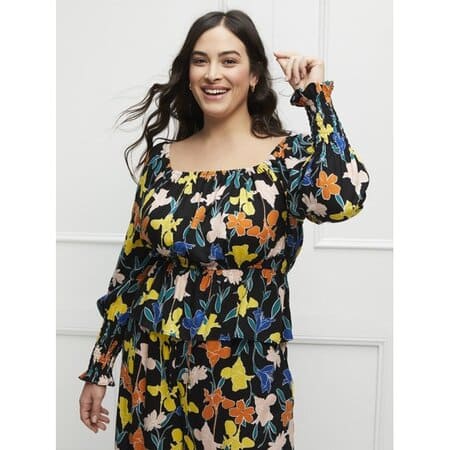 ELOQUII Elements Women's Plus Size Peplum Hem Floral Print Top with Puff Sleeves ELOQUII Elements Women's Plus Size Peplum Hem Floral Print Top with Puff Sleeves