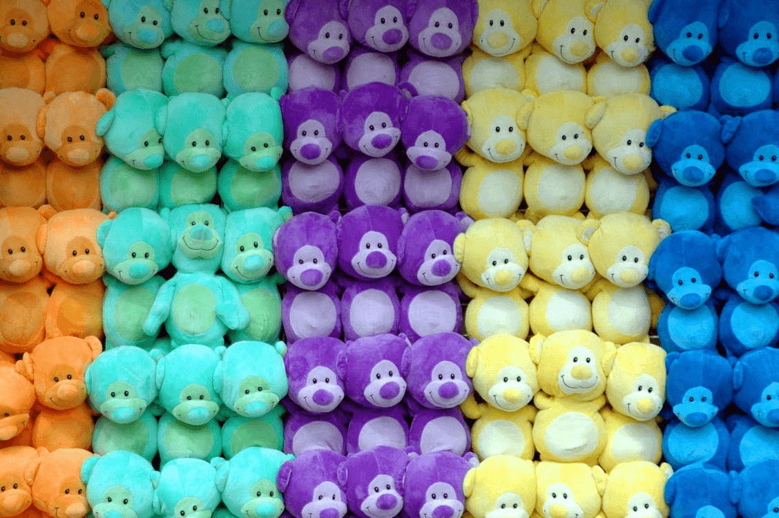 Colorful teddy bears lined up for visual storytelling