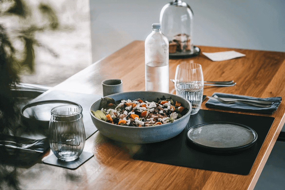 Bowl of food on a wooden table