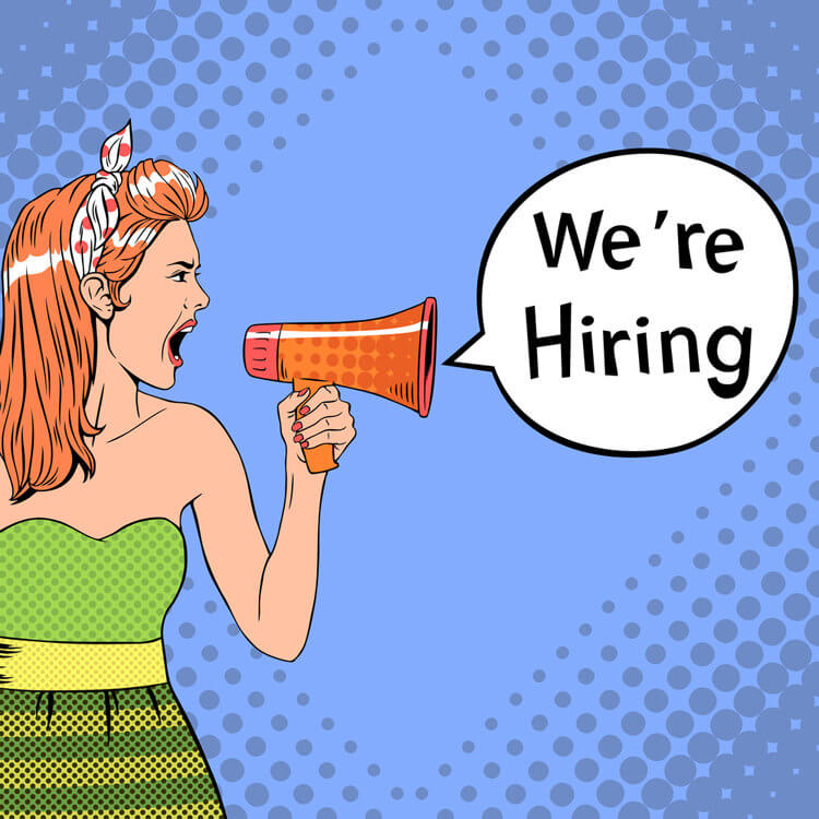 Girl in pop-art style holds megaphone with We Are Hiring speech bubble.
