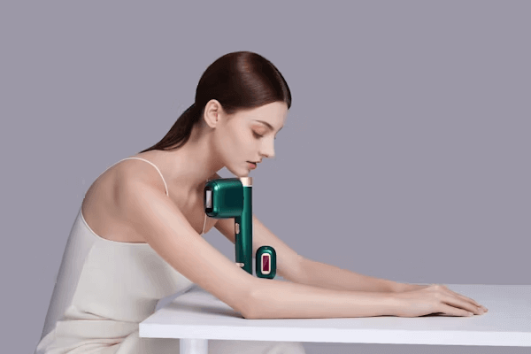 Woman with device at table, fashion blogger laser hair removal